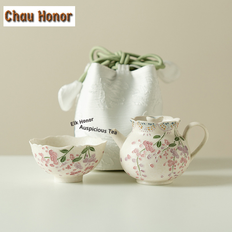 Terracotta Pot - Hand-painted Wisteria Flowers Travel Tea Set